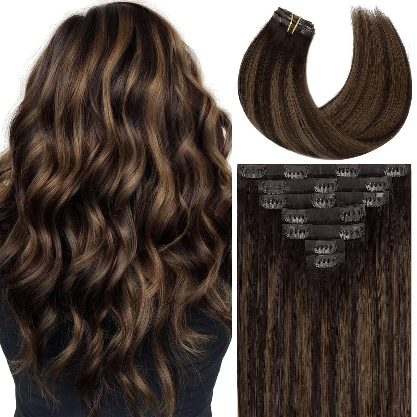 Loxxy Hair Extensions Real Human Hair Balayage Natural Black to Chestnut Brown 14Inch 6Pcs Seamless Human Hair Clip in Extensions Invisible Skin Weft