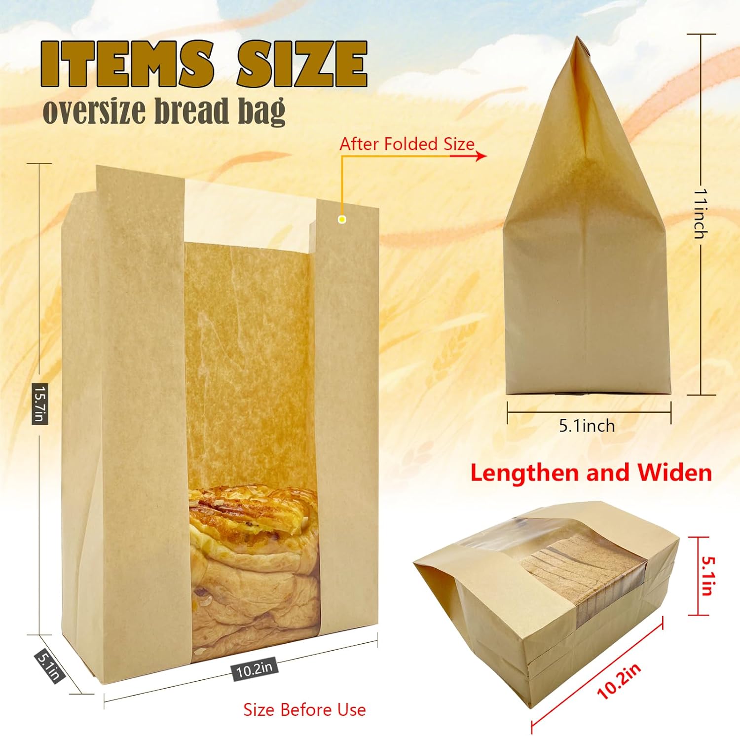 HiCivan 15.7x10.2x5.1インチ 特大紙製パンバッグ 自家製パン用 窓&amp;ステッカー付き 特大サワードウパン