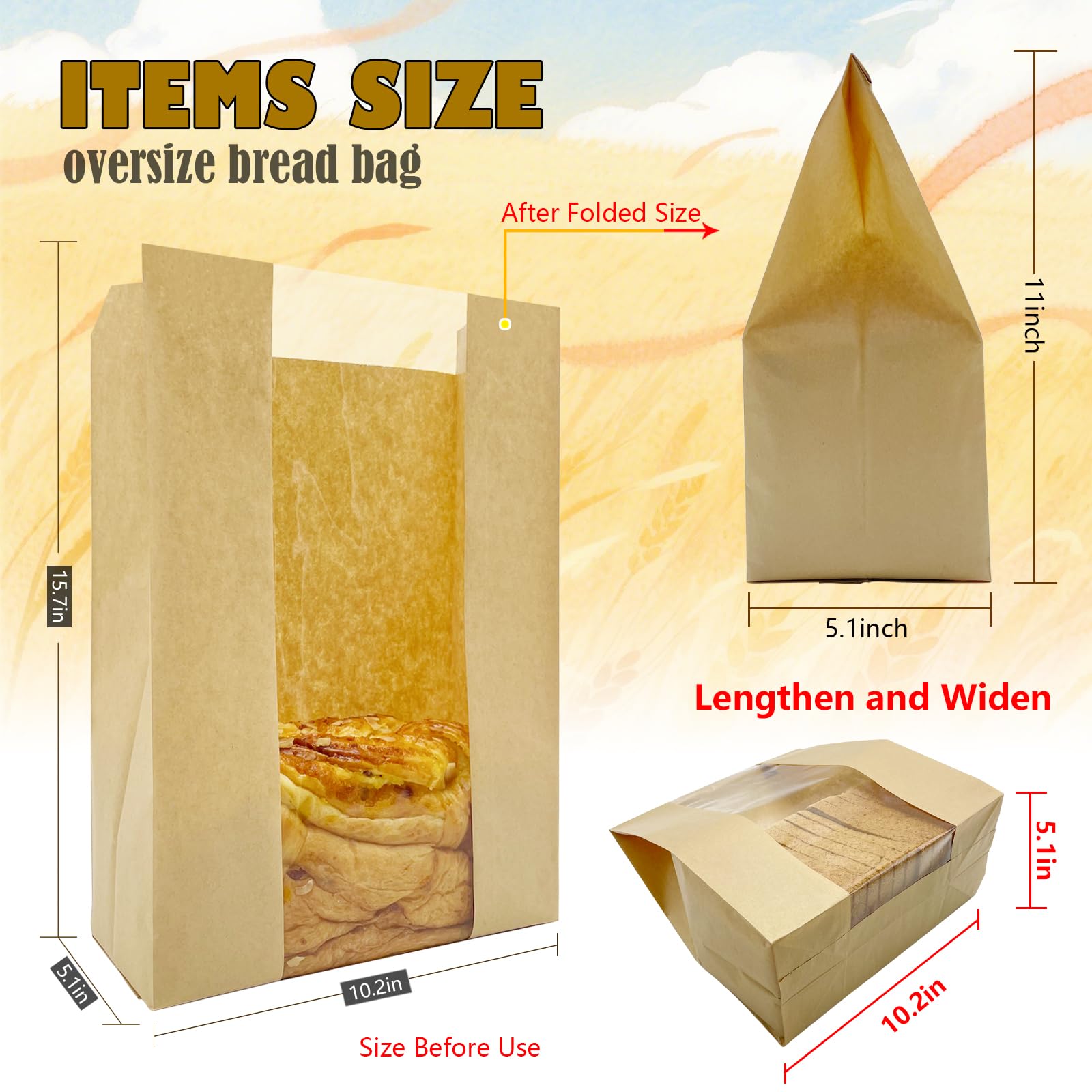 HiCivan Extra Große Papier-Brotbeutel Für Hausgemachtes Brot Mit Fenster Und Aufkleber Übergroßes Sauerteigbrot, Brot, Backwaren, Verpackung Zum Verschenken, Braunes Kraftpapier, 50