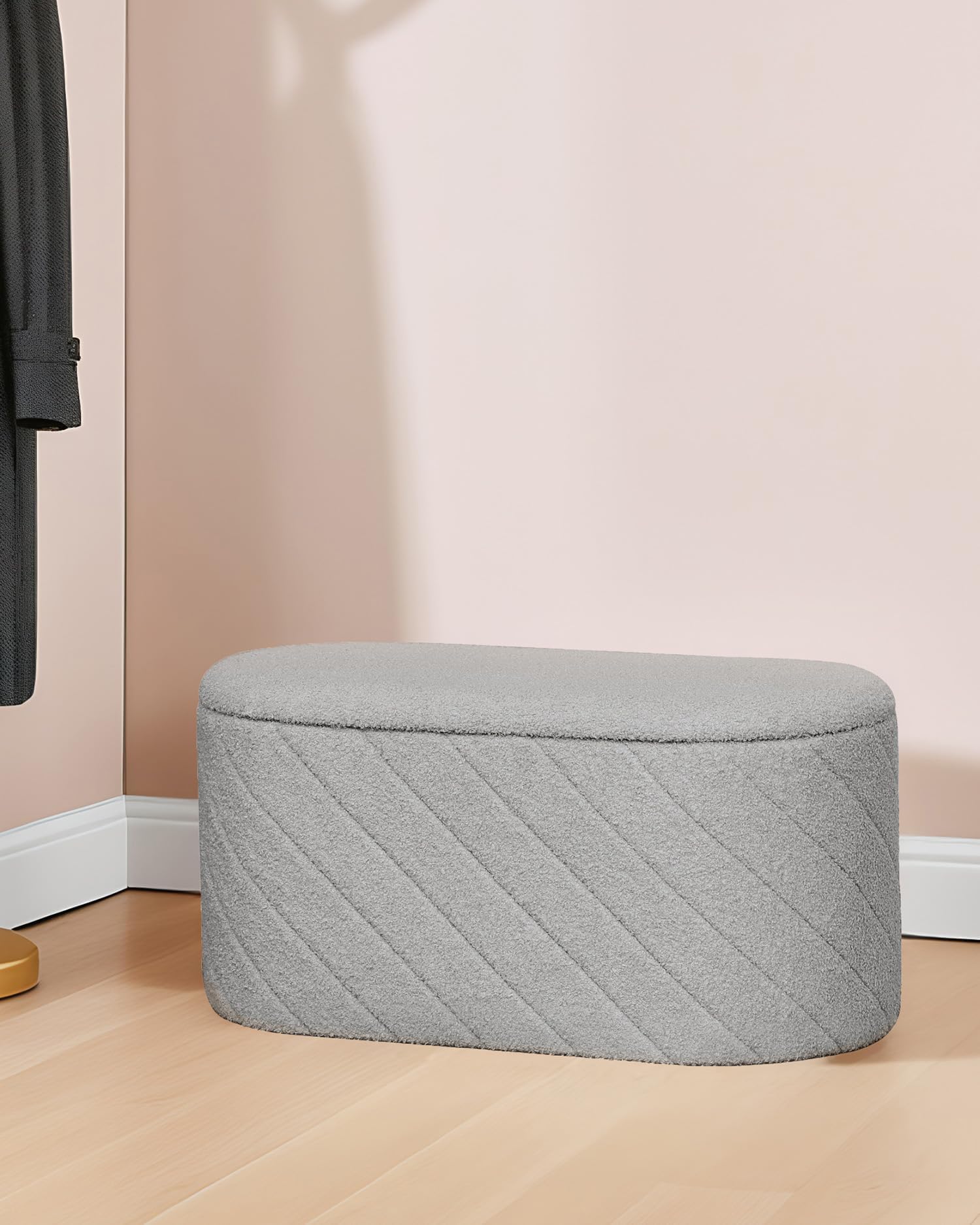 Bonlife Panca ovale con vano portaoggetti, poggiapiedi pieghevole con coperchio, Boucle Bank per piedi del letto, sgabello per soggiorno, camera da letto, ingresso, grigio, 76x38x38 cm