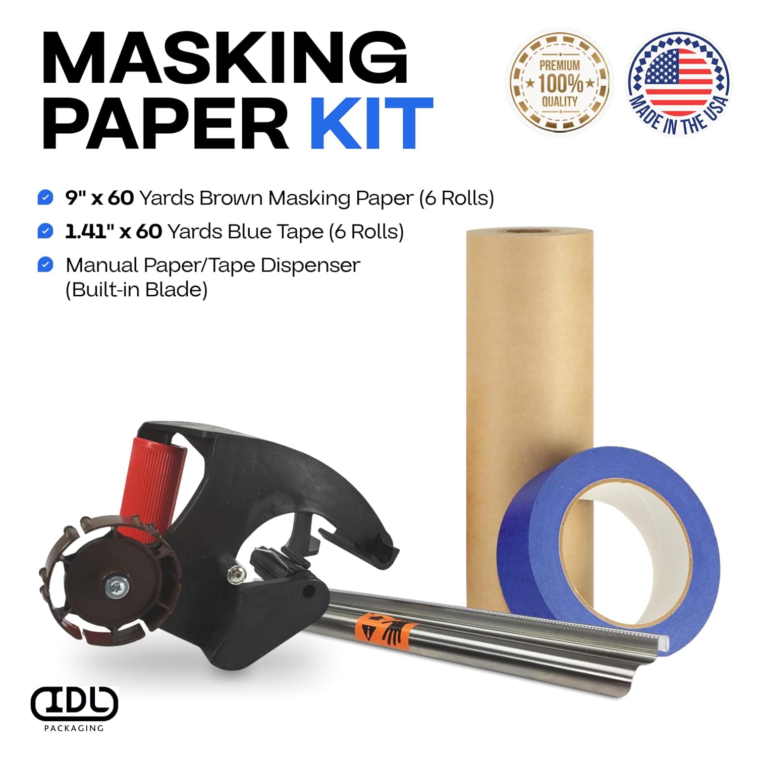 IDL Packaging All-You-Need Masking Kit 9" x 60 Yards Brown Masking Paper (6 Rolls) & 1.41" x 60 Yards Blue Tape (6 Rolls) & Manual Paper/Tape Dispenser (Built-in Blade)