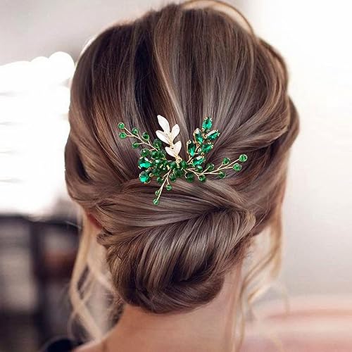 Miniatura 2 de BETITETO Peine de cristal para el cabello nupcial para boda, hoja de vid dorada con diamantes de imitación, accesorios para mujeres y niñas (verde)
