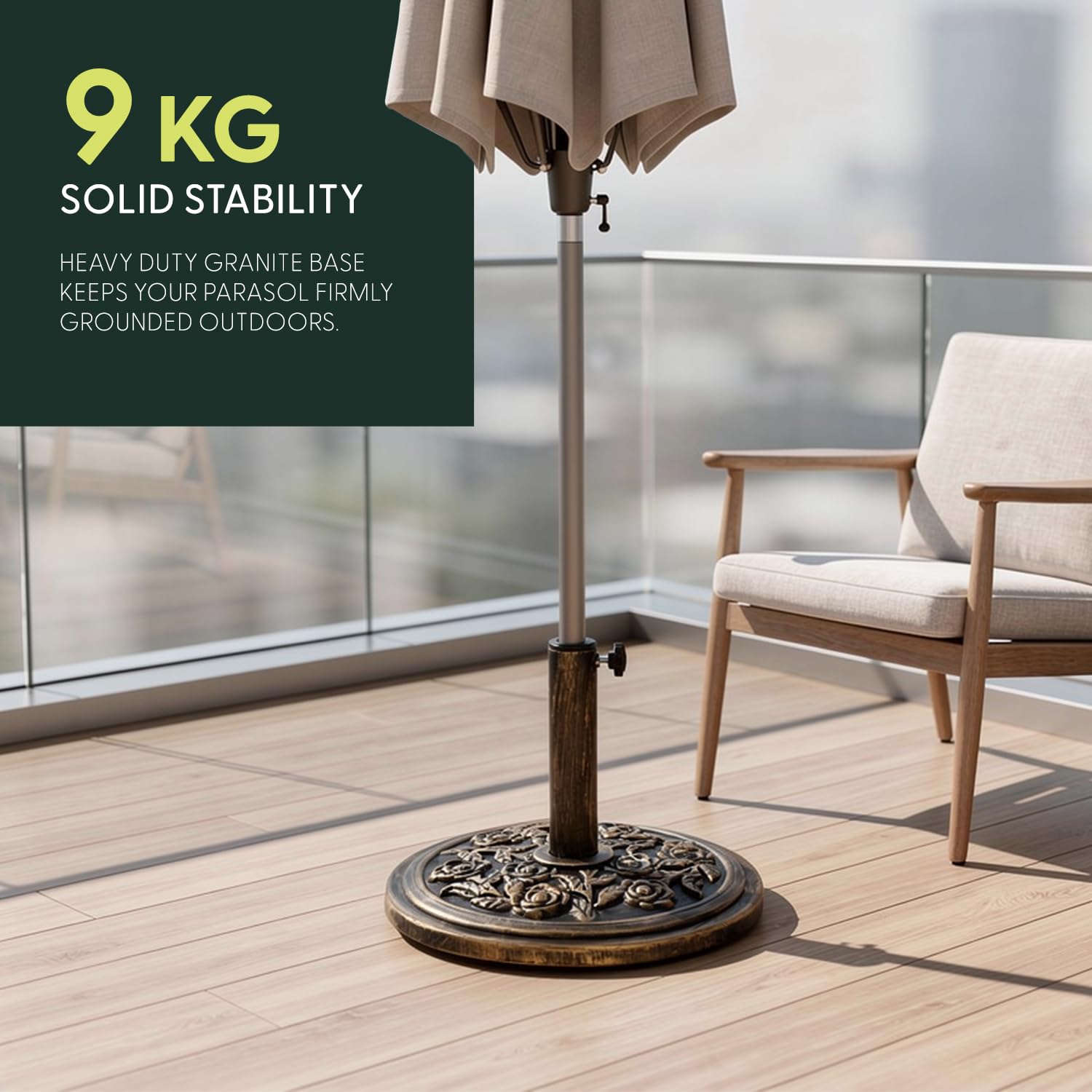 KEPLIN 9kg Cast Iron Effect Parasol Base with Floral Pattern – Heavy Duty Garden Patio Furniture Stand for Umbrella, Canopy, Gazebo, Awning etc. – Diameter 45mm (9kg, Bronze) — view 7