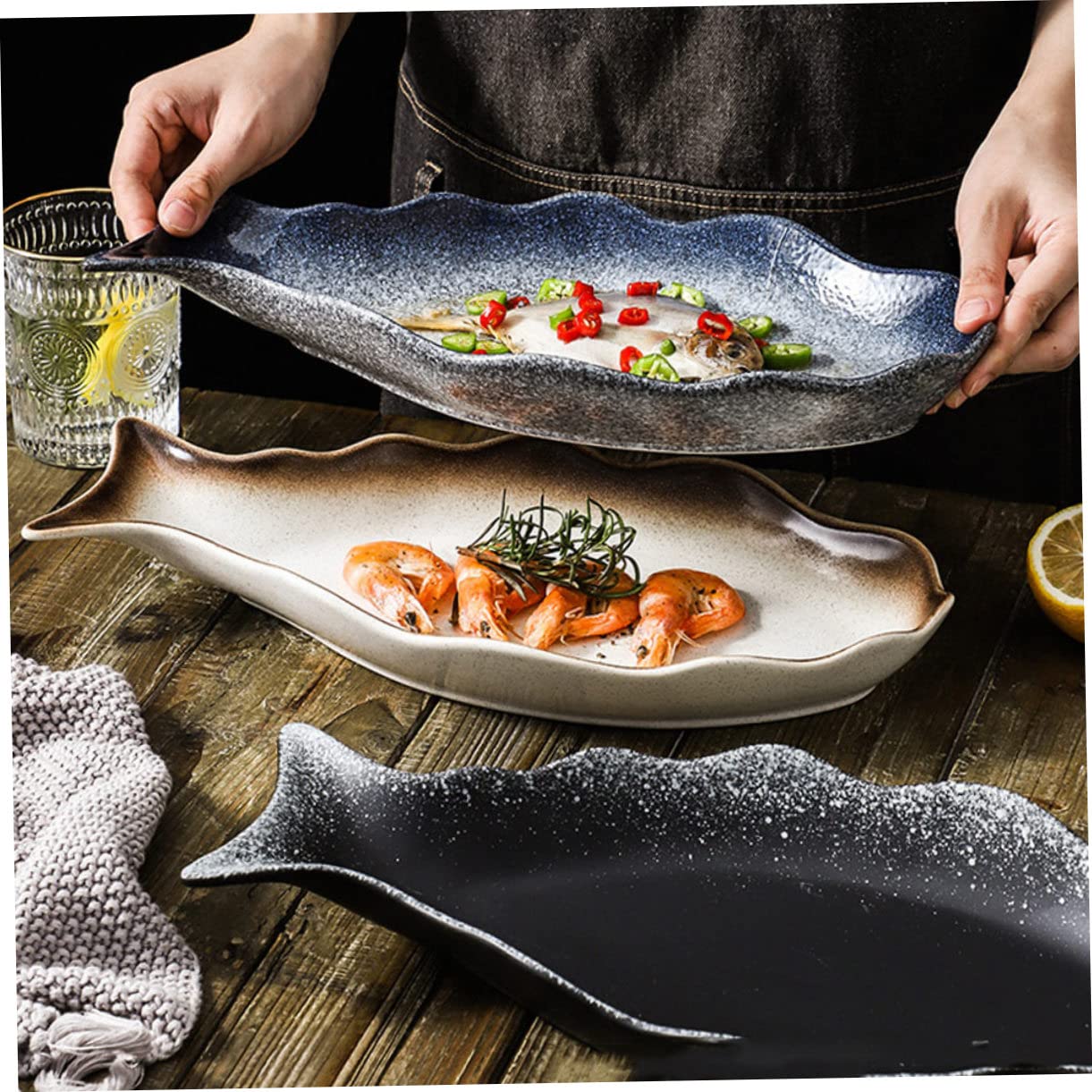 Zerodeko Plato para Servir Pescado de Cerámica Estilo Japonés Diseño Creativo en Forma de Pez, Fácil de Limpiar y Cómodo al Tacto, Adecuado para Restaurante o Casa