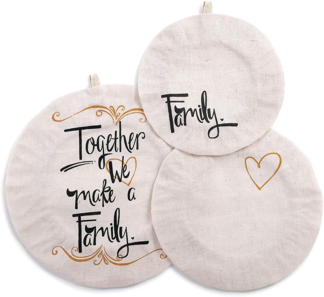 Together We Make A Family Cream 11 x 11 Cotton Linen Fabric Dish Covers Set of 3