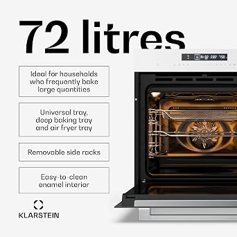 Klarstein Airjet Built In Oven - 72L Electric Oven with Airfryer Mode, 13 Cooking Functions, Touch Control, Enamel Interior, A++ Energy, Triple Glazed, Integrated Single Oven, White