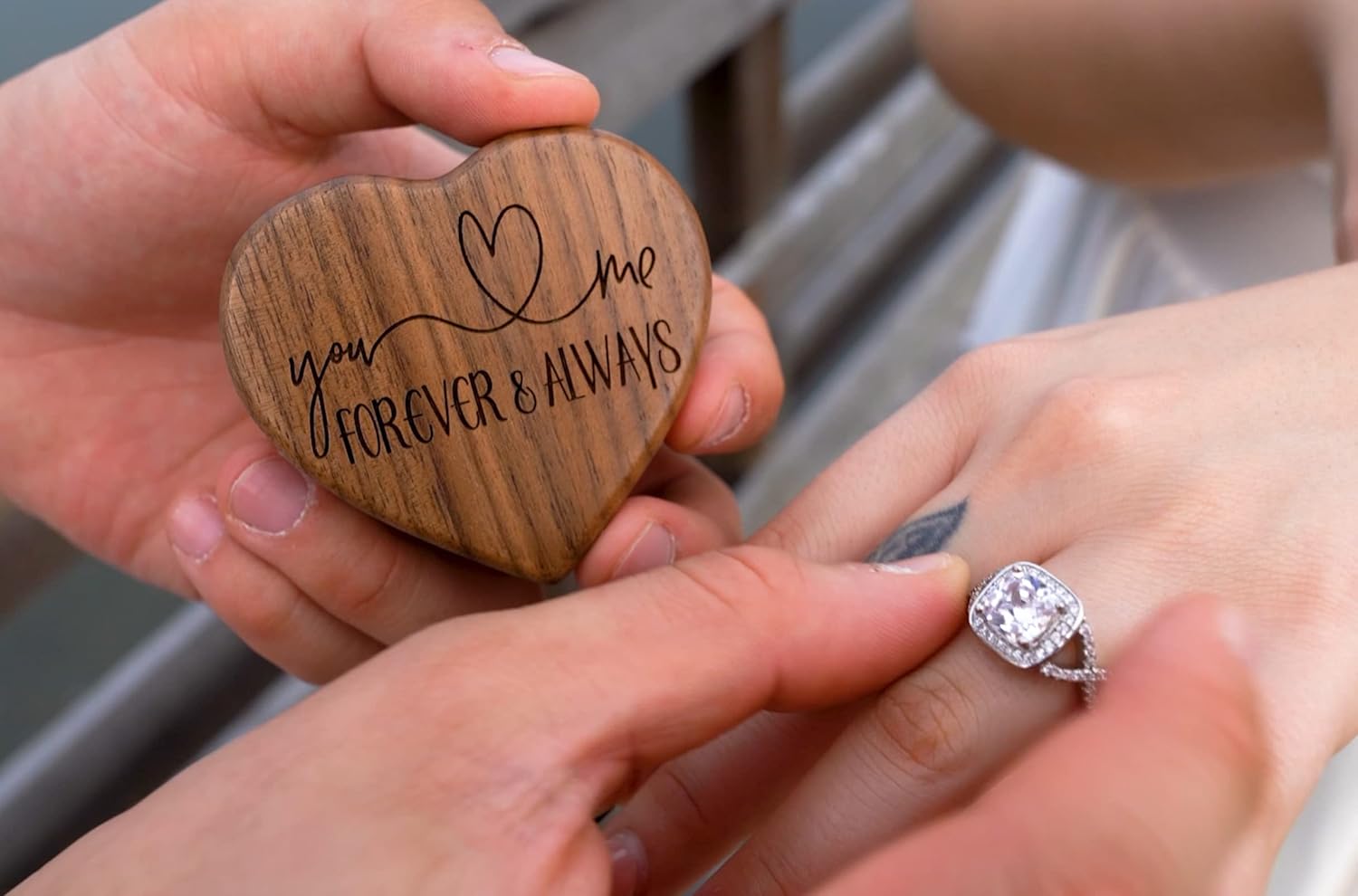 Engagement Ring Box for Proposal Pocket Size Walnut Wooden Heart Engraved (You and Me Forever and Always)