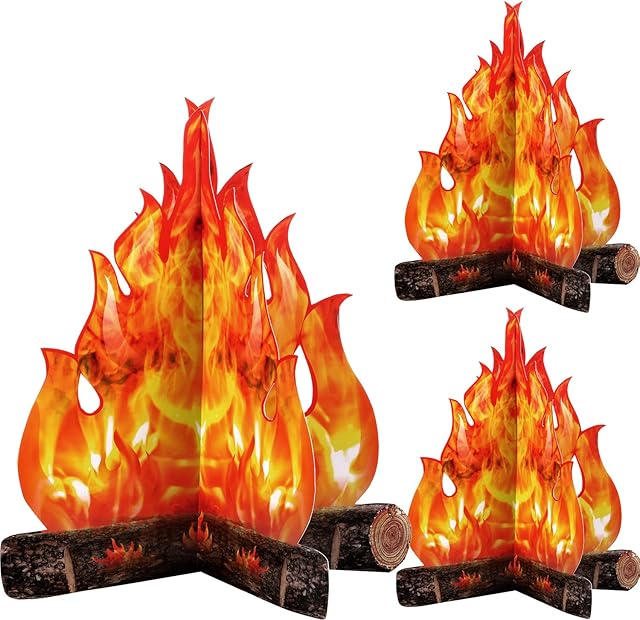 3D Decorative Cardboard Campfire Centerpiece Artificial Fire Fake Flame Paper Party Decorative Flame Torch (Gold Orange, 3 Set)