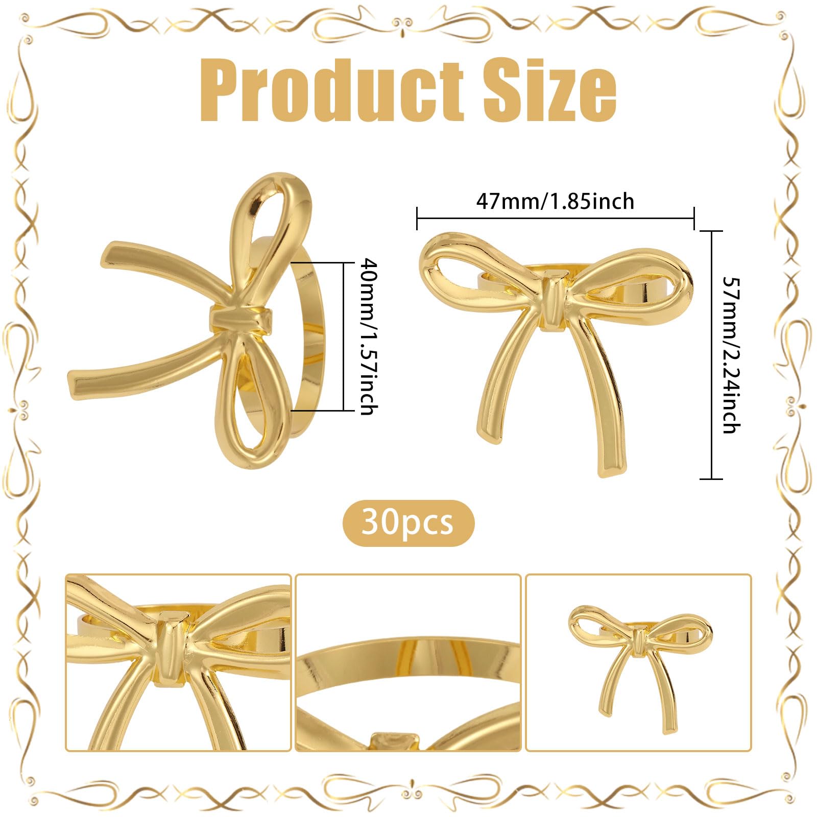 FREEBLOSS Lot de 30 ronds de serviette dorés en métal avec nœud - Accessoires de décoration de table pour fête de mariage - 5,7 x 4,7 cm