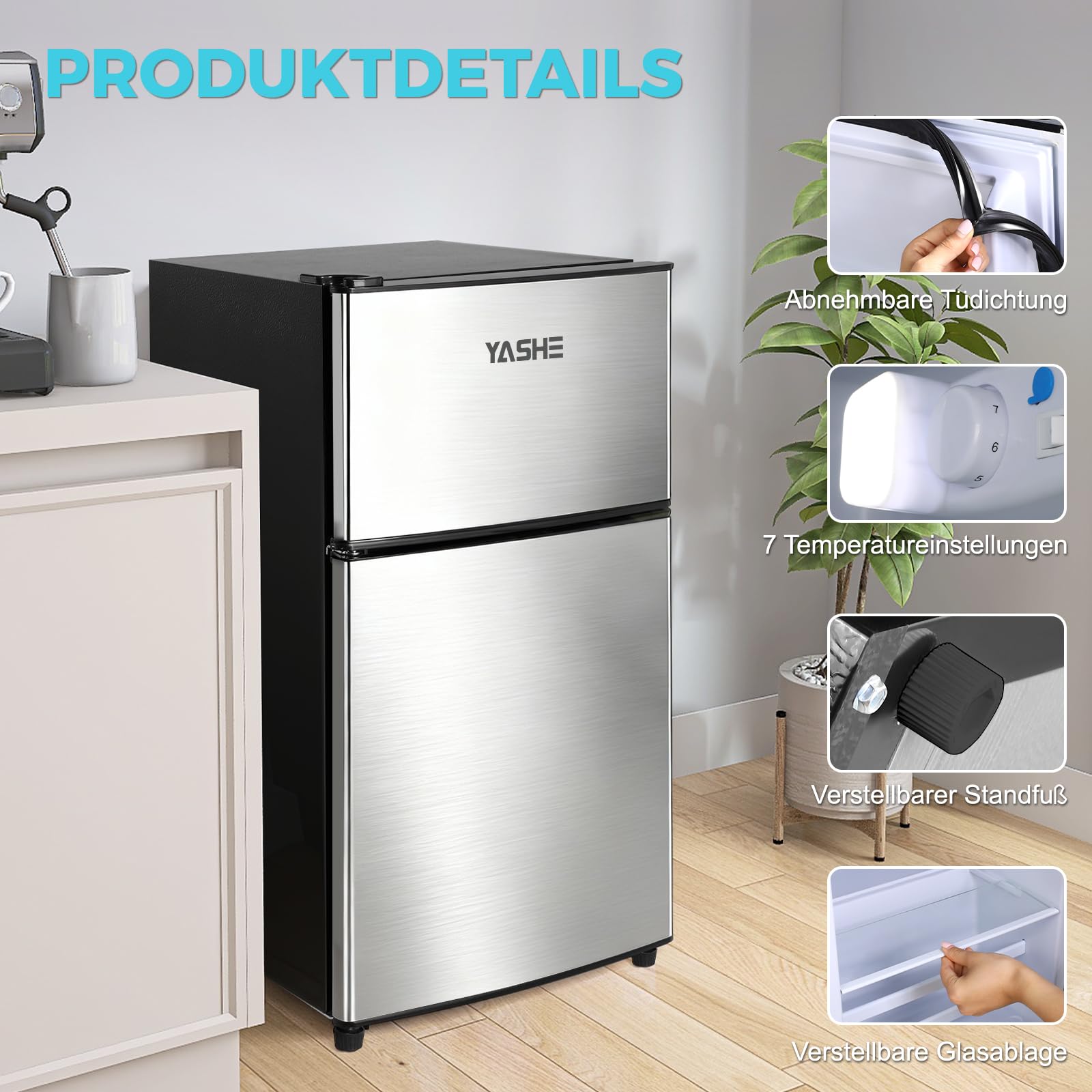 YASHE 86L Mini Kühlschrank mit Gefrierfach - Kleiner Kühlschrank, Doppeltür-Kühlschrank mit verstellbarem Thermostat, 7 Stufen, ideal für Wohnungen, Schlafzimmer, Büros und mehr