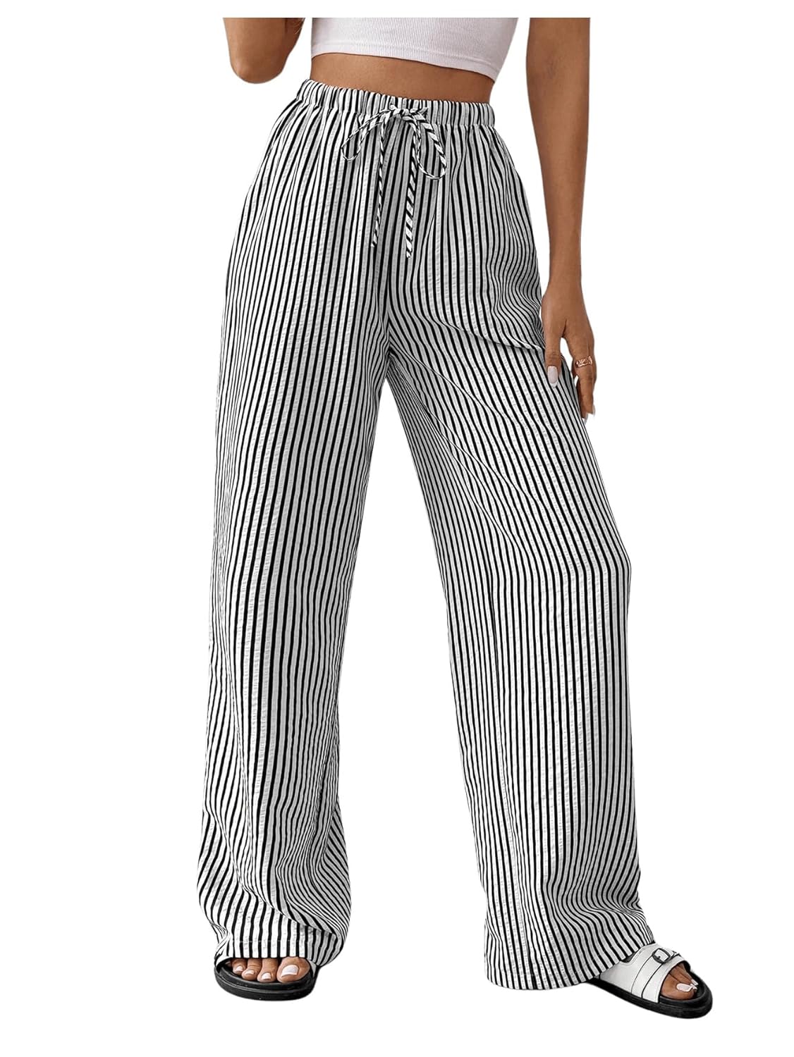Womens Striped Pants Drawstring High Waisted Wide Leg Casual Loose Trousers