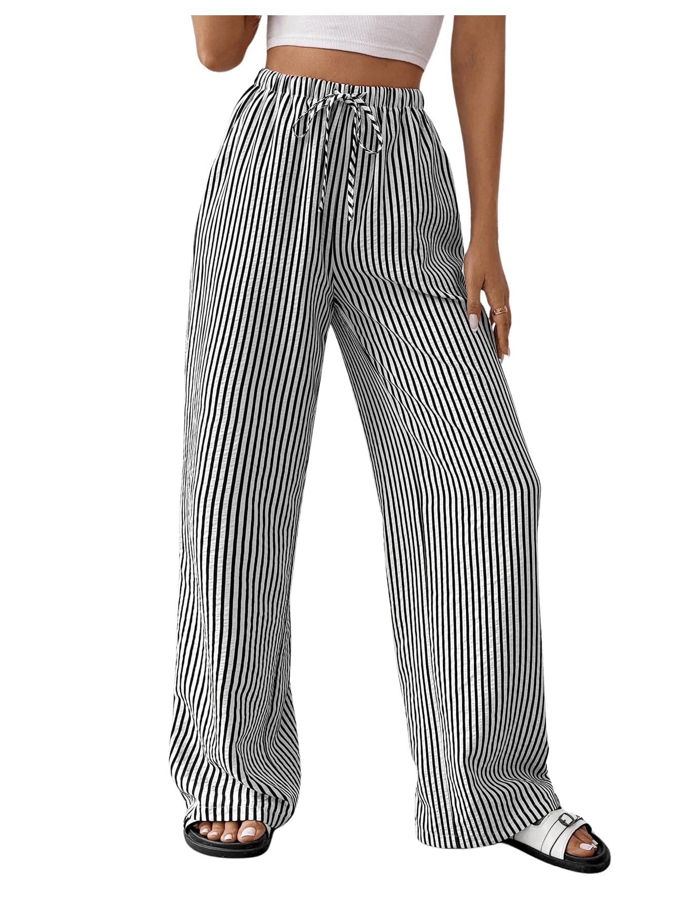 Womens Striped Pants Drawstring High Waisted Wide Leg Casual Loose Trousers