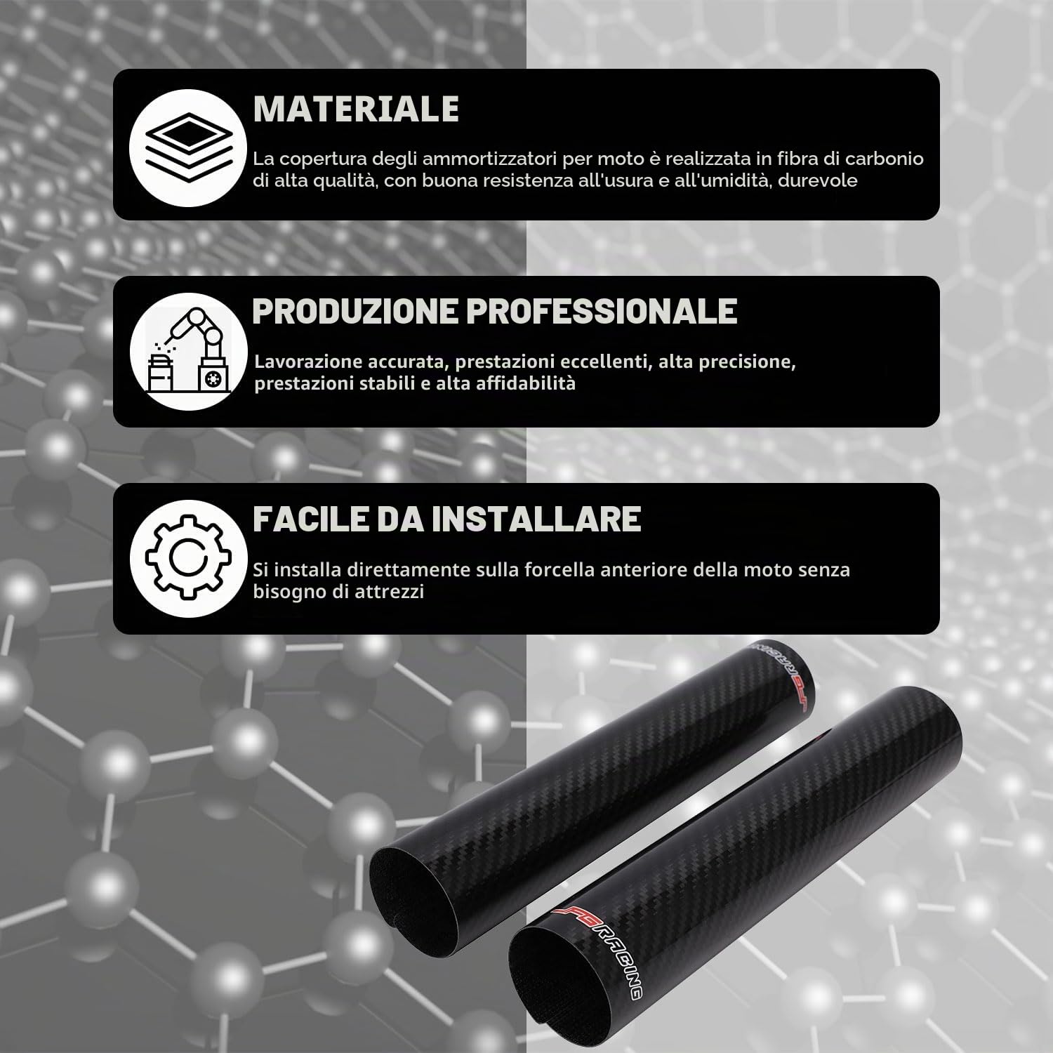 JFG RACING 250 mm Protezione Forcella Anteriore Moto,Protezione Forcelle Fibra di Carbonio,Ammortizzatore Ghette Stivali Regolabili Universali per Dirt Bike On/off Road