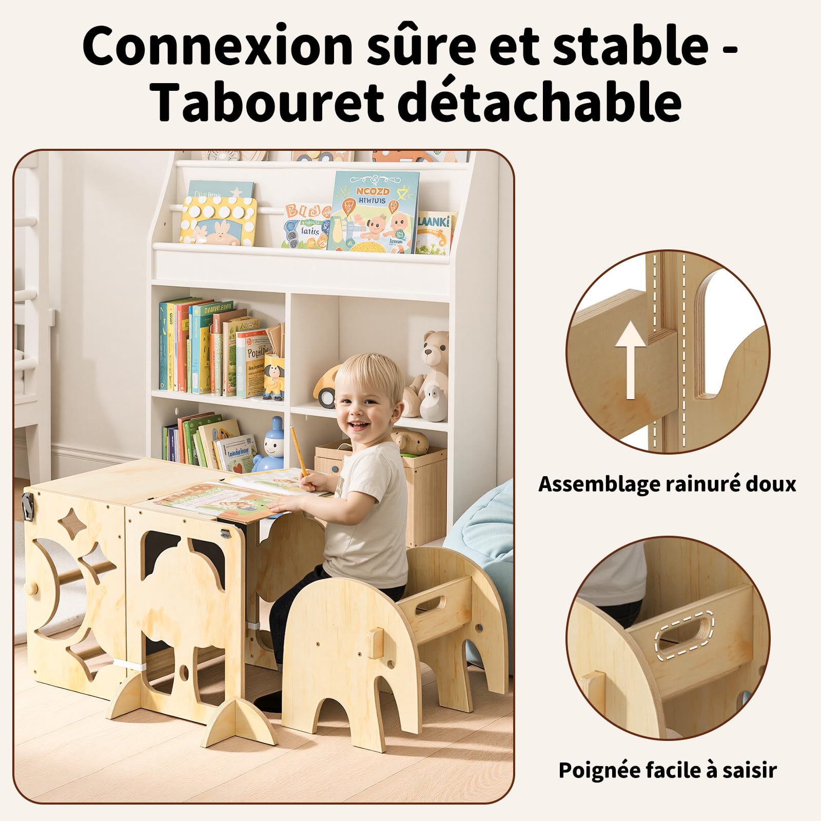COSYLAND Tour d’Observation Enfant,Tour d’Observation Montessori 3 en 1, Tour d’Apprentissage Enfant Pliable avec Tableau, Tour Observation bébé pour Cuisine, Table et Salle de Bain – Naturel