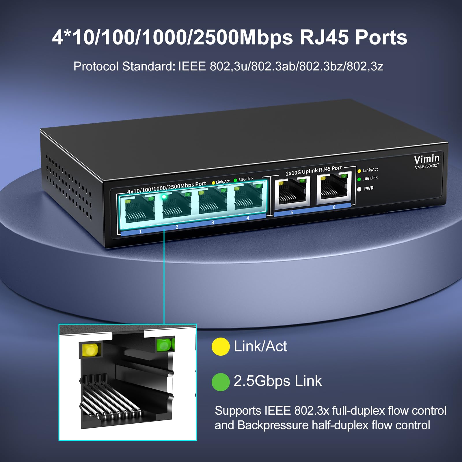 10Gb Unmanaged Ethernet Switch avec 4*2.5G Base-T Ports, 6 Ports 10G/2,5G avec 2*10GBASE-T Commutateur Réseau Non Géré, Capacité 60 Gbit/s, Network Switch Multi-Gigabit de Bureau/Mural pour NAS, PC