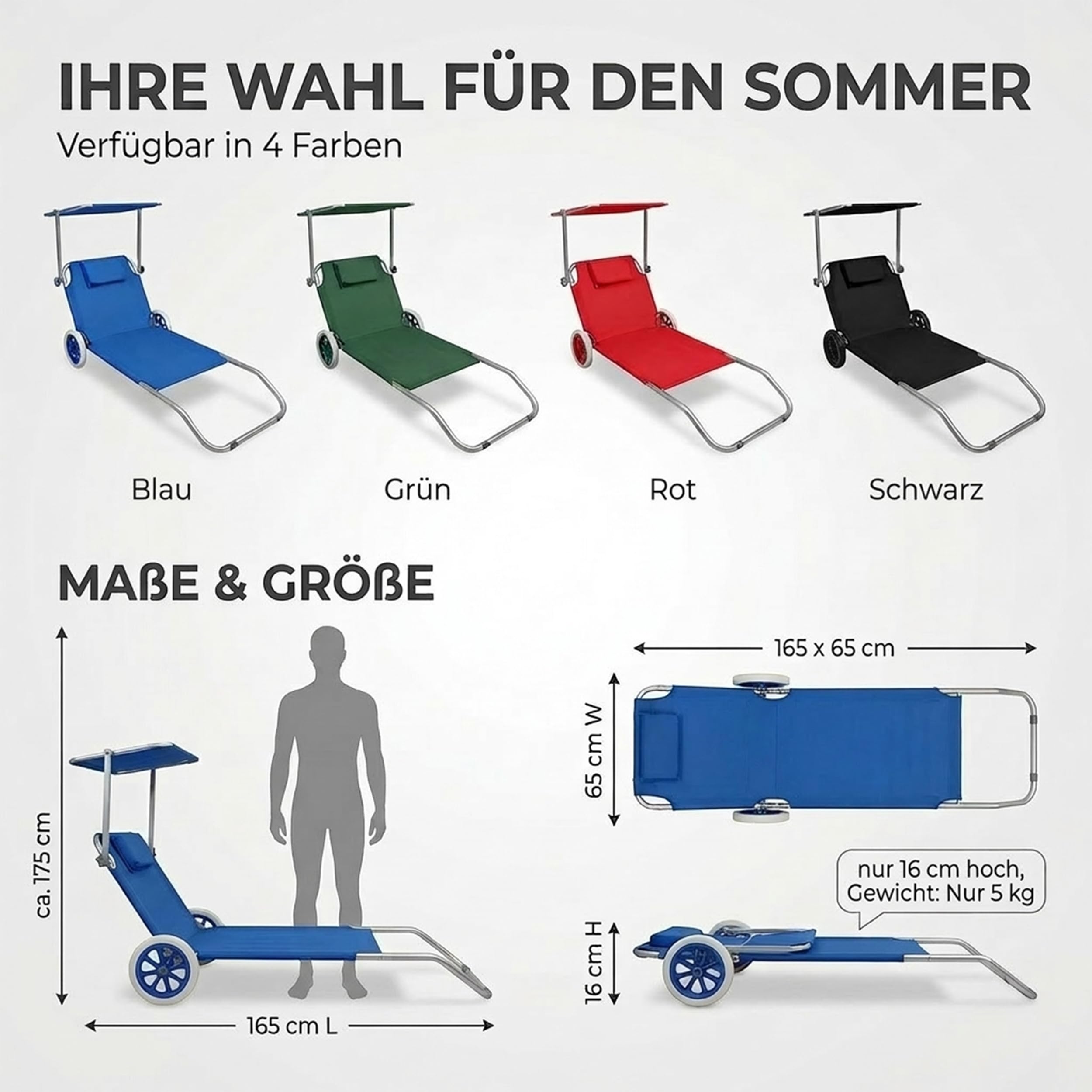 VCM Sonnenliege klappbar | Maße ca. L. 165 x H. 16 x B. 65 cm | Gartenliege mit Rollen | leicht und kompakt | Liegestuhl mit Sonnendach