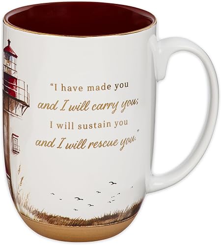Christian Art Gifts Large Inspirational Ceramic Coffee & Tea Scripture Mug for Men & Women: I Will Carry You Encouraging Bible Verse, Lighthouse Themed Novelty Clay Base Cup, White & Brown, 15 oz