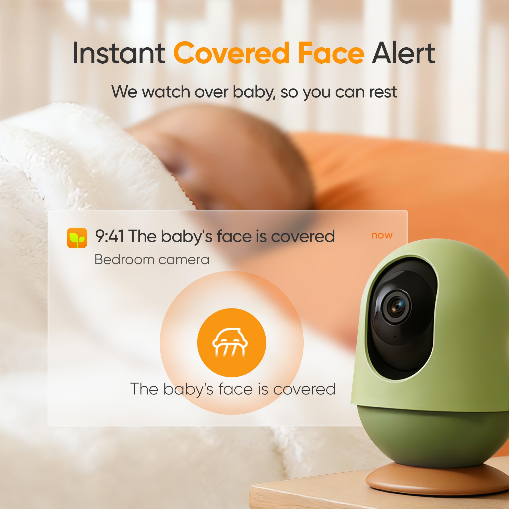 Monai Baby Monitor, Zoom 3K 5MP/6X, Telecamera AI Nessun canone mensile: allarme sonno sicuro/copertura facciale, rilevamento automatico del pianto, inclinazione panoramica, solo app, telecamera di