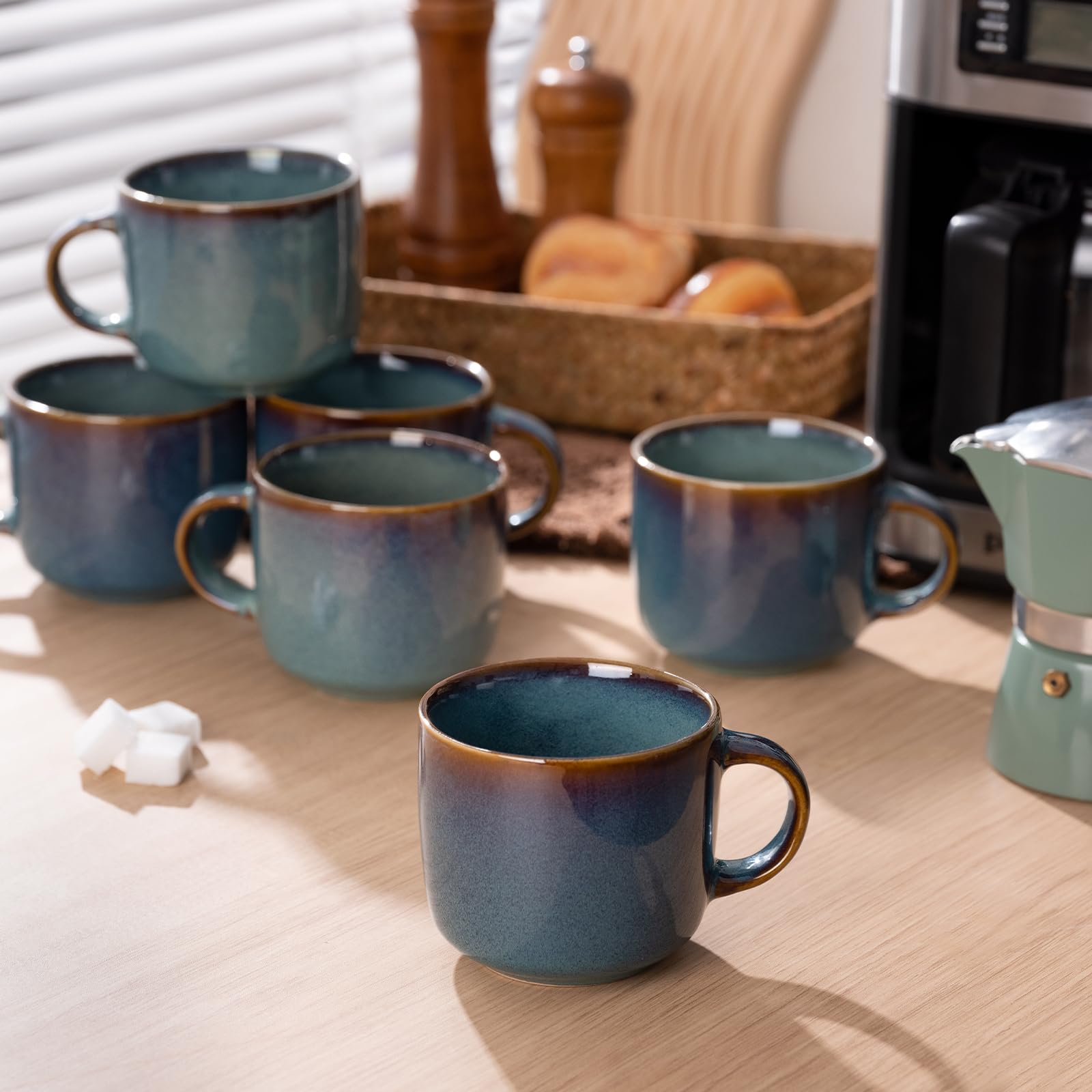 Kaffeebecher 6 Teilig, Keramik Tassen Teetasse für 6 Set, Multifunktional, Spülmaschinen Mikrowellenfest, Coffee Mug, Kaffeetassen 360 ml Blau Kaffee Becher