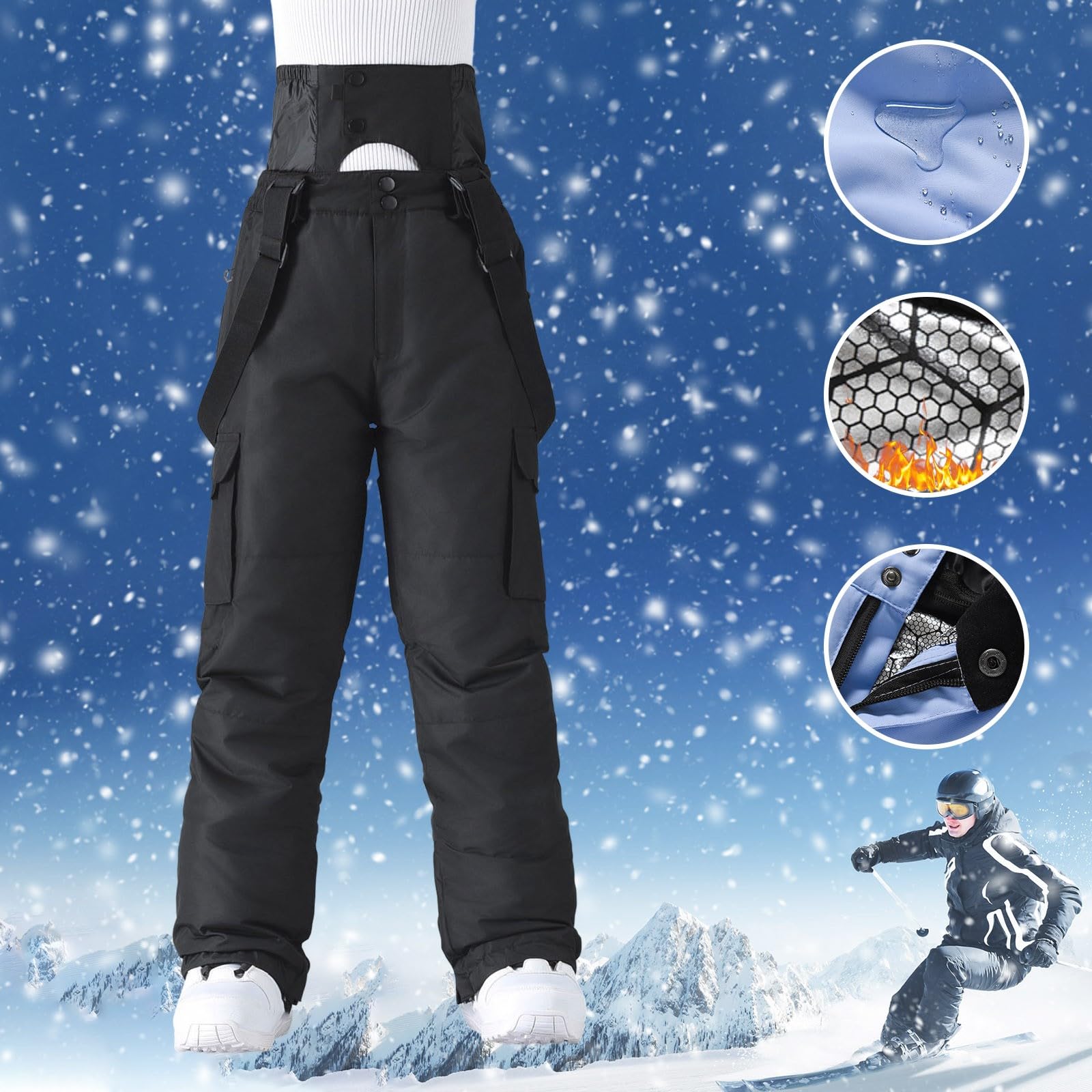 Pantalones de esquí de Color sólido para Hombre, Resistentes al Viento, cálidos, para Exteriores, con Doble Hombro, Deportivos y cómodos, con Bolsillos Laterales Dobles