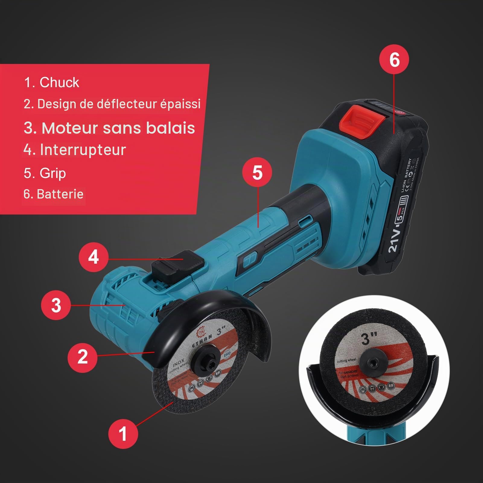 Meuleuse D'angle Sans Fil 21 V,Meuleuse D'angle Sans Balais 19000RPM,Meuleuse D'angle avec 2x2000mAh Batteries et Chargeur,Mini Disqueuse Sans Fil pour découper, meuler et polir