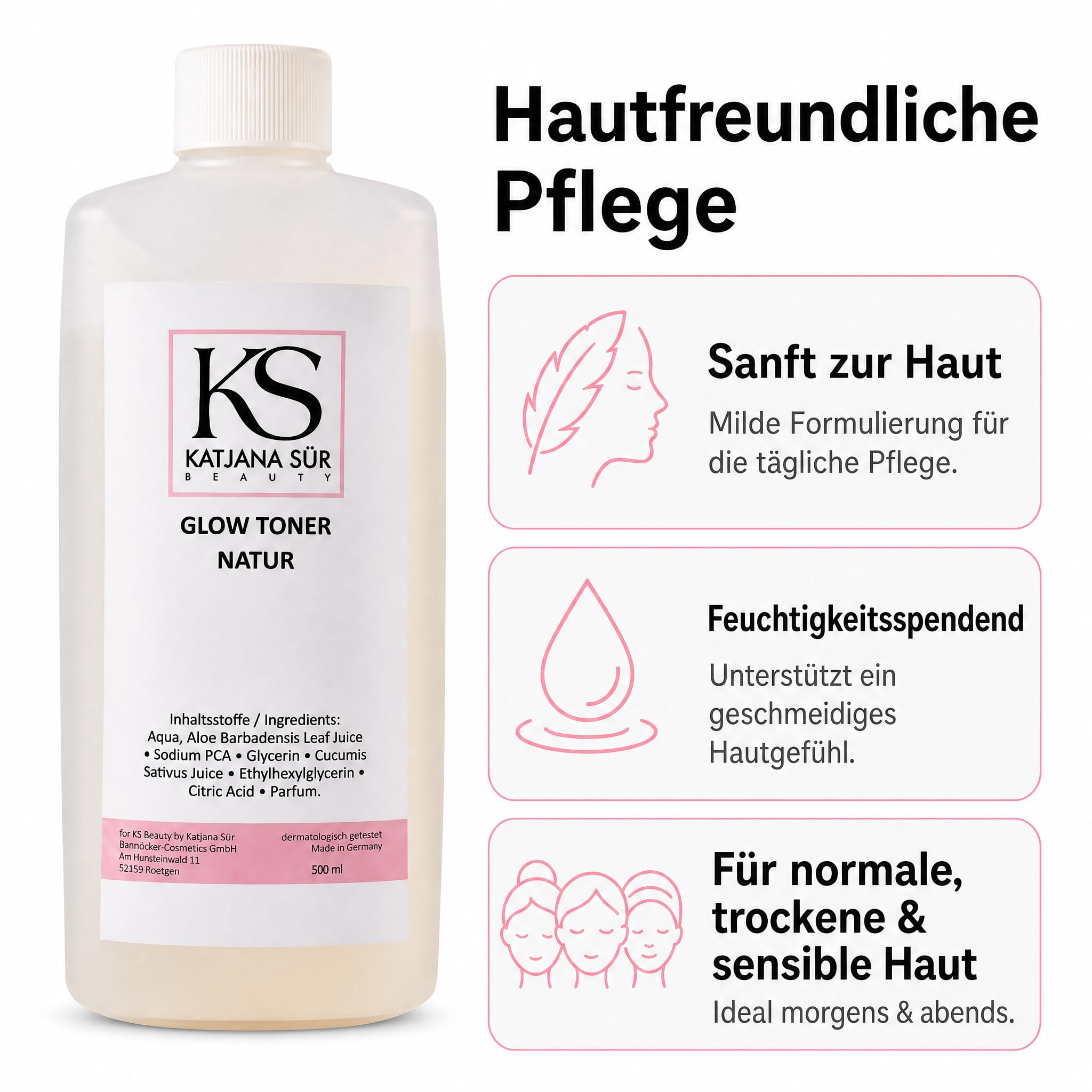 KS Beauty Glow Toner Gesichtswasser mit Pumpspender, 500 ml | Feuchtigkeitsspendender Gesichtstoner für trockene & sensible Haut – dermatologisch getestet, Made in Germany