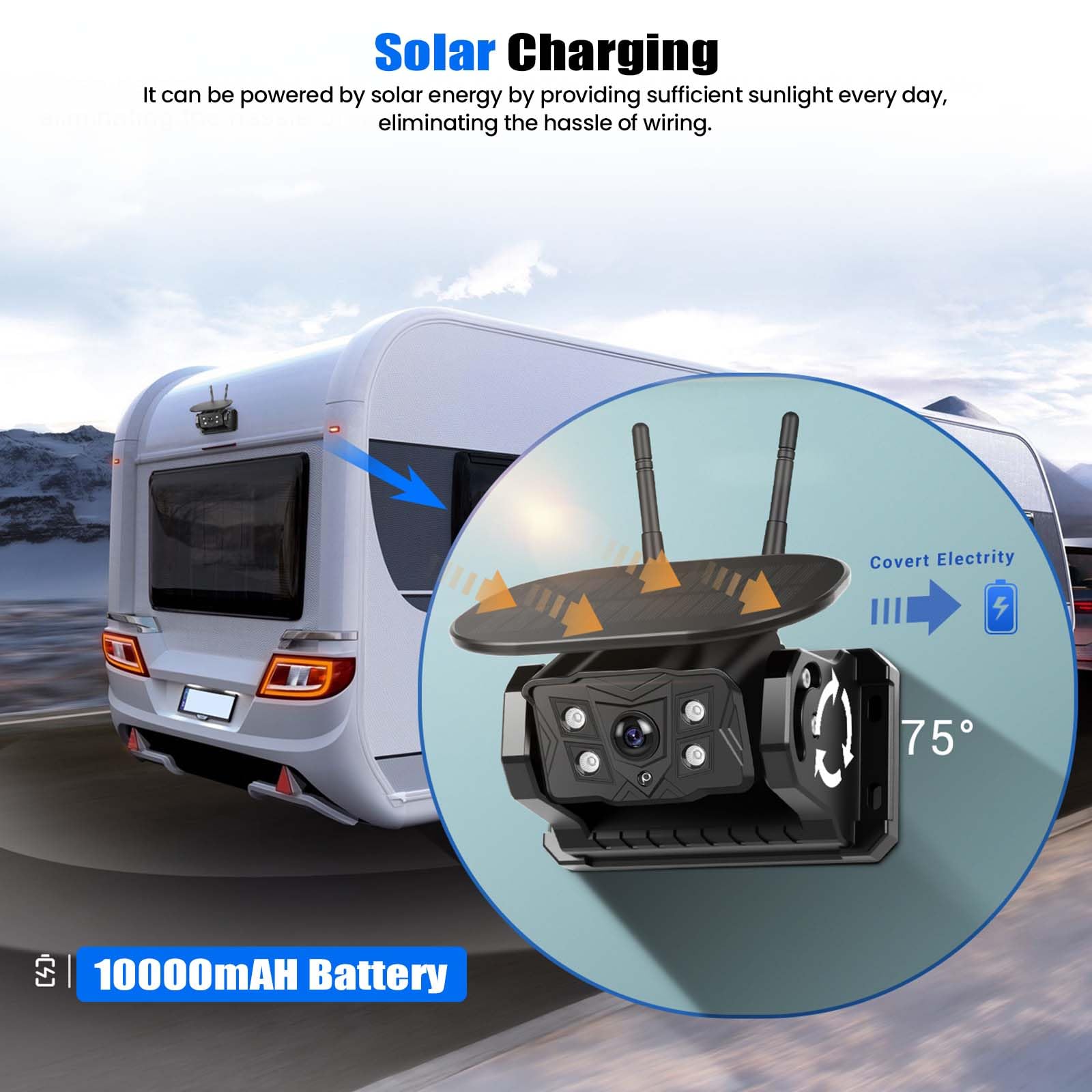 CAMECHO Cámara de Marcha Atrás Solar Inalámbrica con Monitor Táctil de 10,1 Pulgadas, 10000 mAh, Cámara Magnética 720P, IP68 Resistente, Visión Nocturna 320 pies para Coches de 12-36 V, Caravanas, SUV