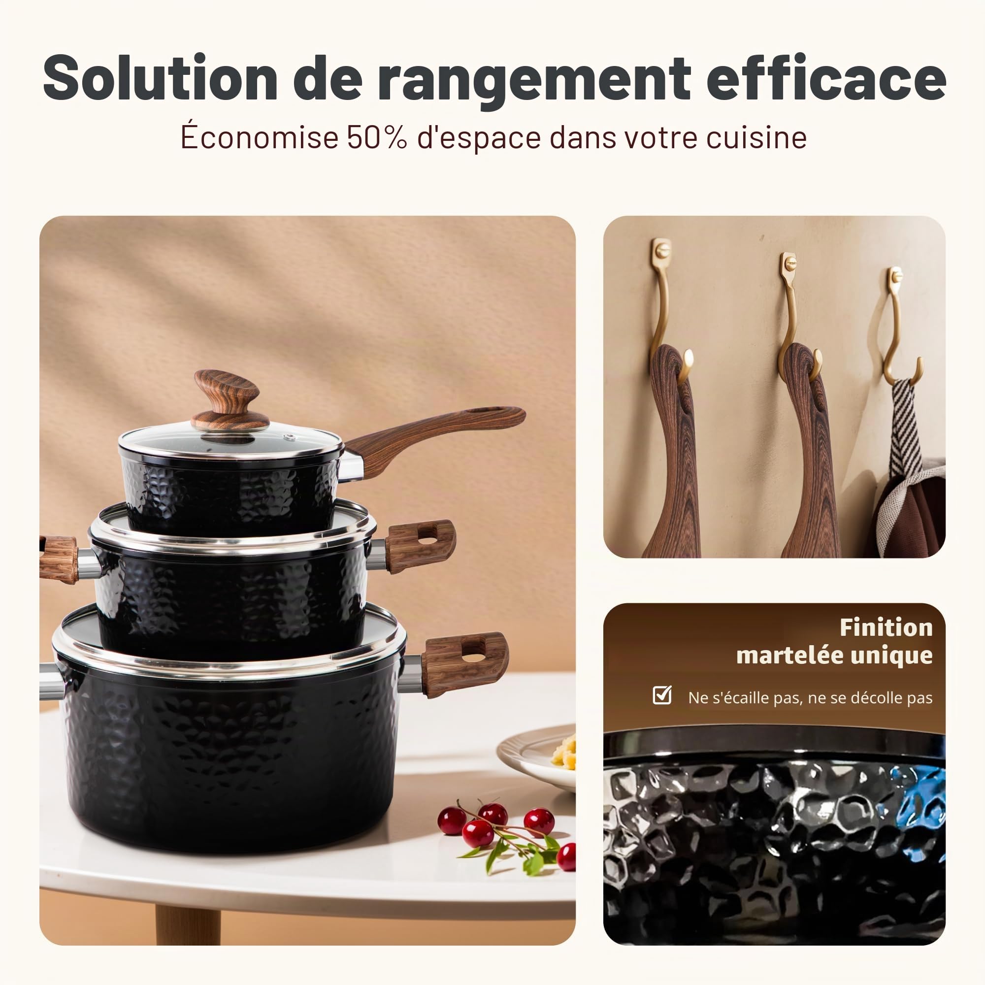 Kitchen Academy Set de 12 Casseroles et Poêles à Induction Noir | Revêtement en Granit et Couvercles en Verre Casseroles et Poêles Aluminium Antiadhésives Batterie de Cuisine à Gaz
