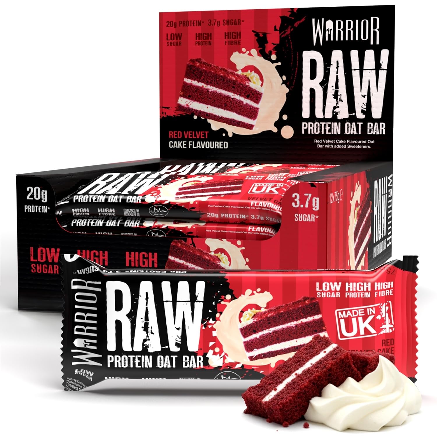 Warrior RAW Protein Bars 12 x 75g – 20g High Protein Bar, Low Sugar High Fibre Oat Protein Flapjack – Protein Snacks, Meal Replacement Bars (Red Velvet Cake)