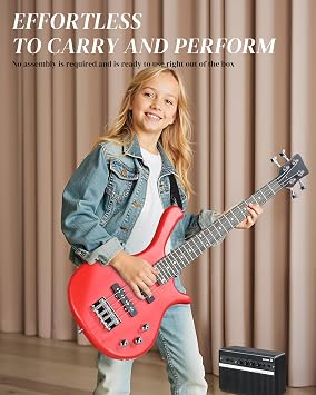 Ktaxon 36 Inch Bass Guitar 4 String Electric Bass Guitar with Dual Connectivity & Portable Power 15W Amp, Excellent Tone, Exquisite Craftsmanship and Ergonomic Body Design for Beginner(Red)