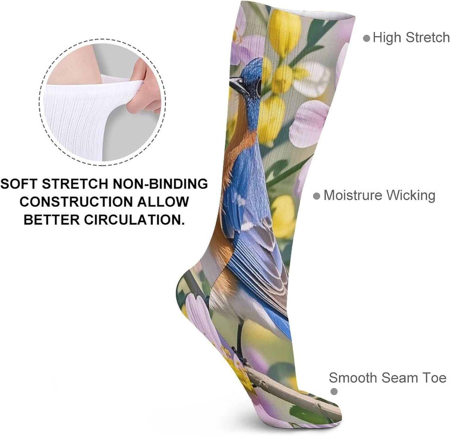 Bluebird And Flowers Crew Socks Cozy Casual Calf Socks Lightweight Long Work Sock Breathable Athletic Sock for Hiking Sports Running 5 Pairs
