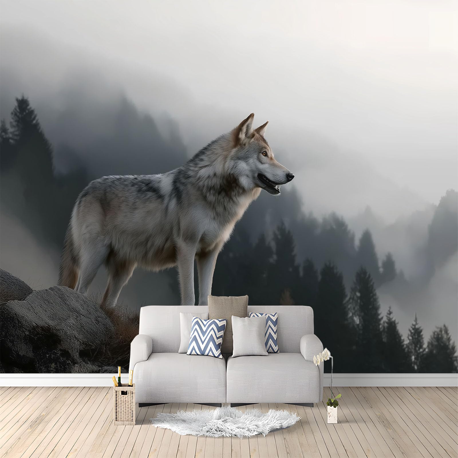 Fototapeta ze zwierzętami, wilkami, 500 x 280 cm, efekt 3D, obraz ścienny, tapeta ścienna, nowoczesna tapeta ścienna, do salonu, pokoju dziecięcego, sypialni, tło TV, dekoracja ścienna, szara