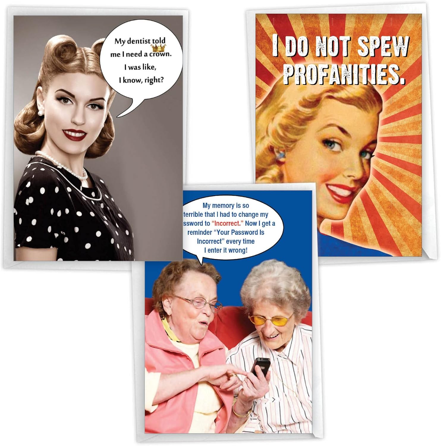 NobleWorks Funny Birthday Cards for Old Ladies Naughty Retro Assorted 3 Pack with 5 x 7 Inch Envelopes (3 Designs, 1 Each) Laughing Ladies VC2807BDG-C1x3