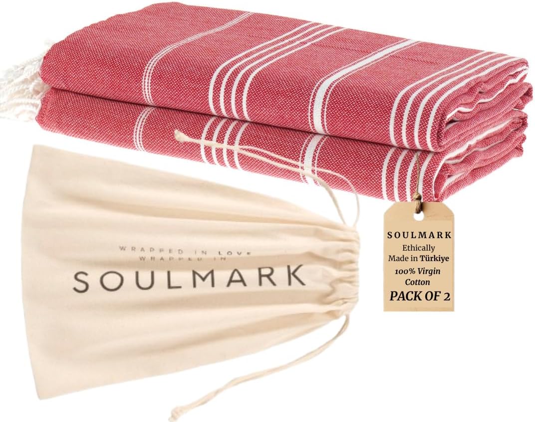 SOULMARK 100% Cotton Turkish Beach Towel with Bag - 38"x71" - 2 Pack - Made in Green & Oeko TEX Certified - Pre-Washed and Sand Free - Quick Dry and Lightweight for Travel - Made in Turkey - Red