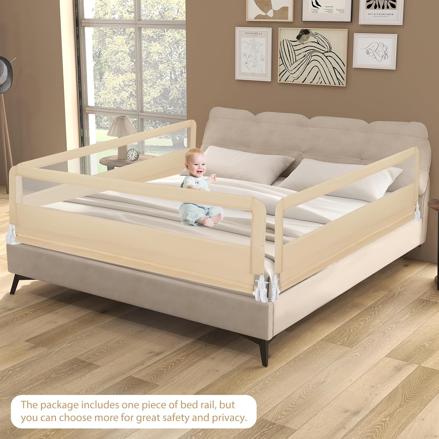 GLACER Foldable Bed Rail for Toddlers - 71" Bedrail w/Safety Straps, Child Lock & Removable Oxford Cover, Swing Down Baby Bed Rail Guard for Crib, Full, Twin, Double, Queen & King Bed (Beige, 1 Pack)