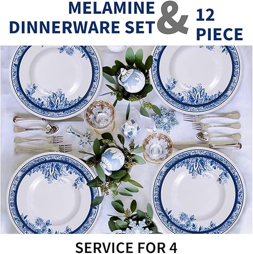 Miniatura 3 de Juego de vajilla de melamina, 12 piezas de vajilla floral, apto para lavavajillas, resistente a la rotura, uso en interiores y exteriores,