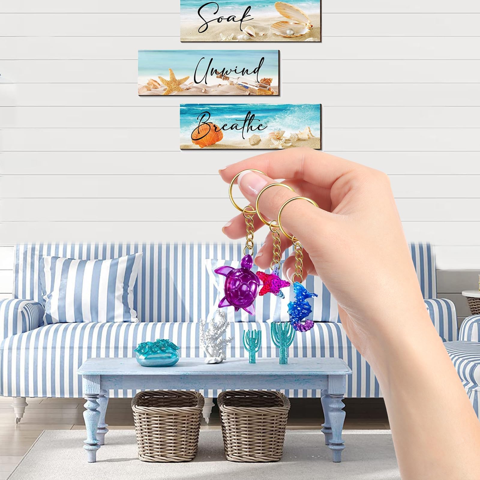 Set di quattro stampi a forma di tartaruga, stampo a forma di stella marina e conchiglia con 10 portachiavi, contenitore riutilizzabile per gioielli a tema oceano, stampo per progetti di artigianato