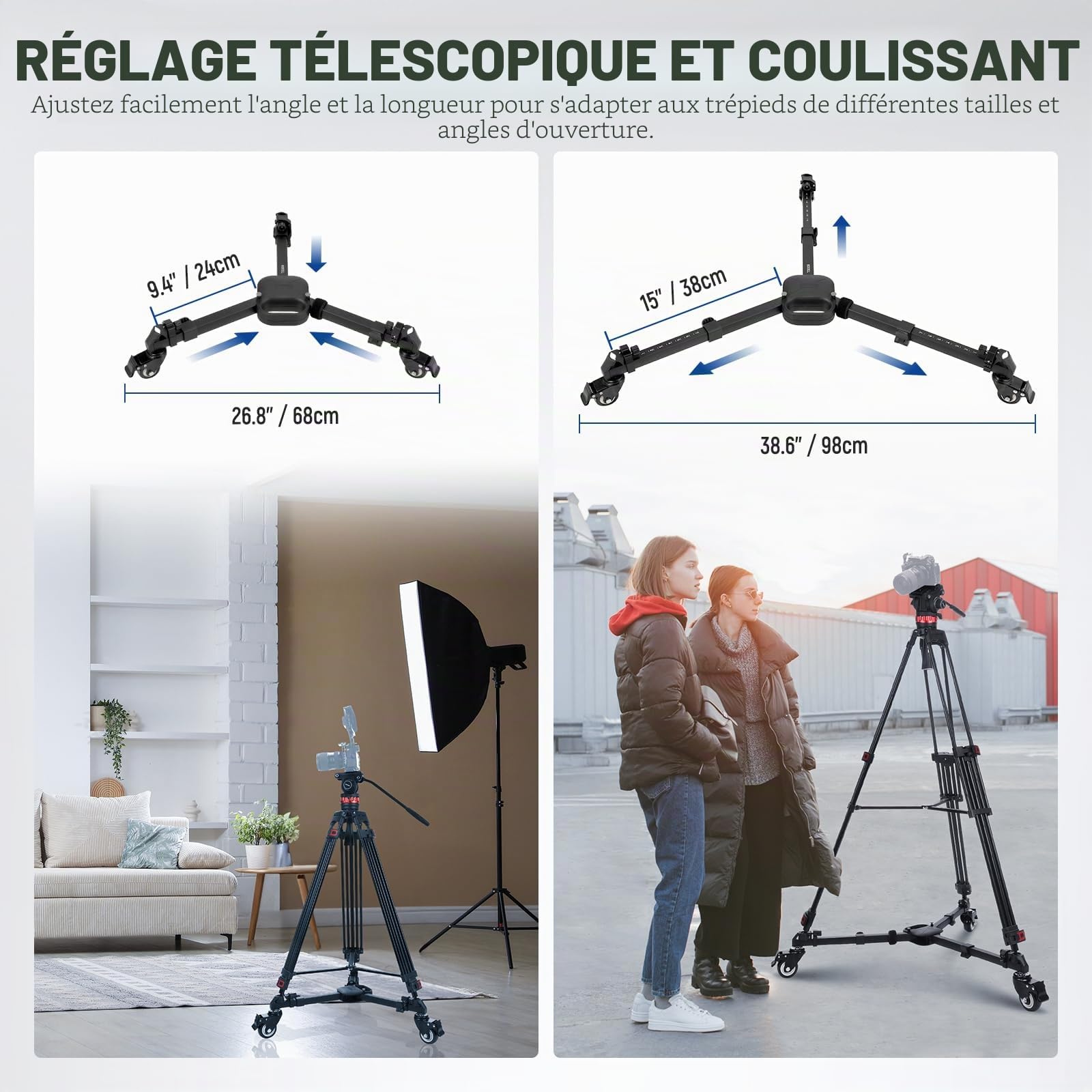 NEEWER Dolly pour Trépied de Photographie, Chariot à Verrouillage Rapide avec Roues en Caoutchouc de 7,6cm, Pieds Télescopiques,Poignée et Sac,Charge Maximale de 20 kg pour DSLR,Caméscopes,Vidéo,TS012