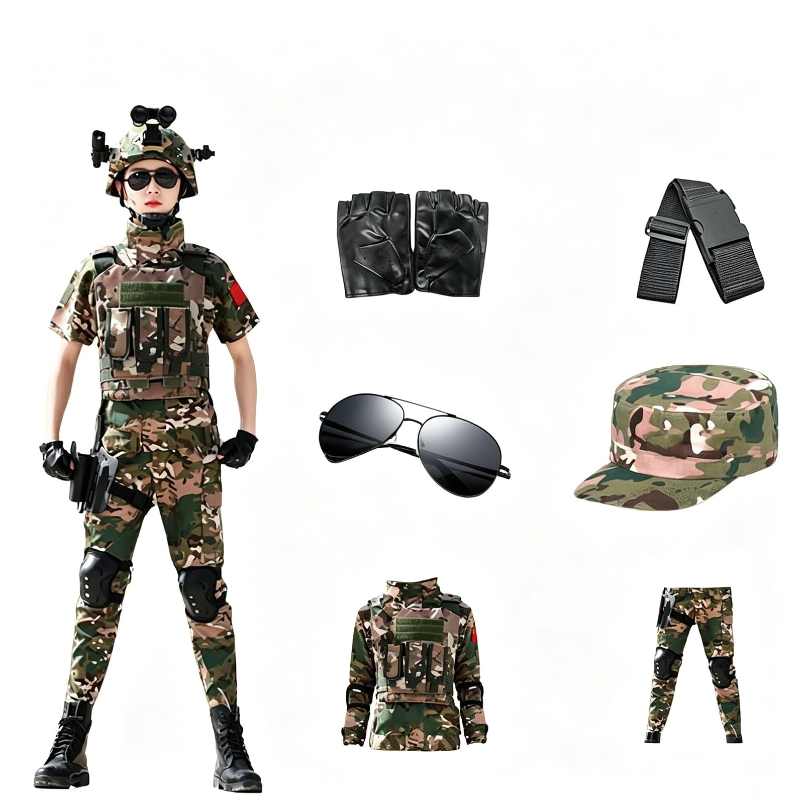 Kinder Militär Kostüm Set Soldat Armee Rollenspiel Outfit mit Zubehör, Halloween und Geburtstags Geschenk Verkleidungsset