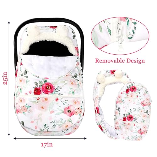 Miniatura 6 de Fundas de asiento de automóvil para bebés de invierno, funda de asiento de automóvil de flores para niñas, funda acogedora y cálida con cremallera,