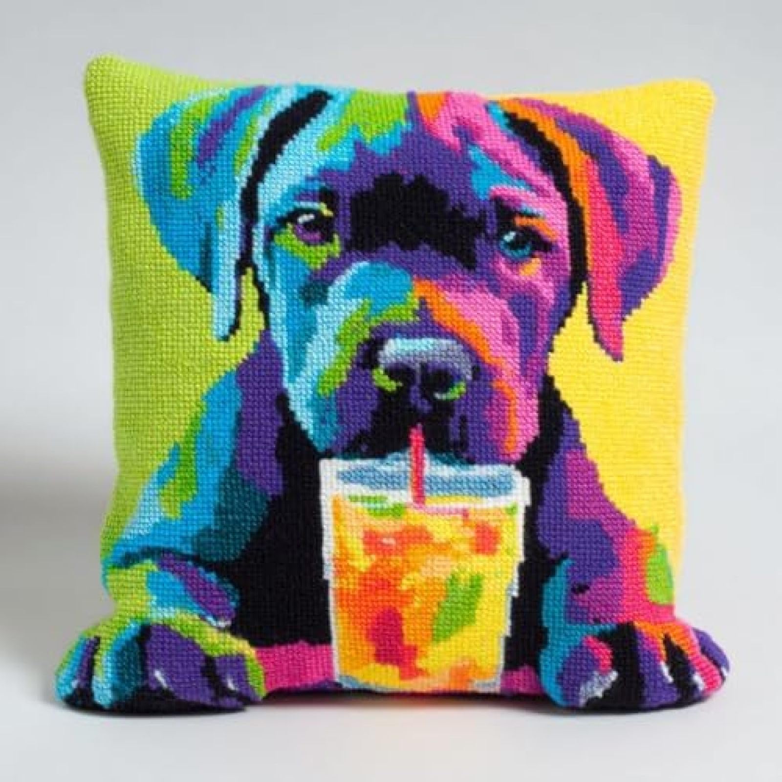 kitphoenix Adults Beginner Latch Hook Craft Kit,Cane Corso Dog Drink Juice,Cushion Cover DIY Set with Printed Canvas and Pre-Cut Yarn,43x43 cm