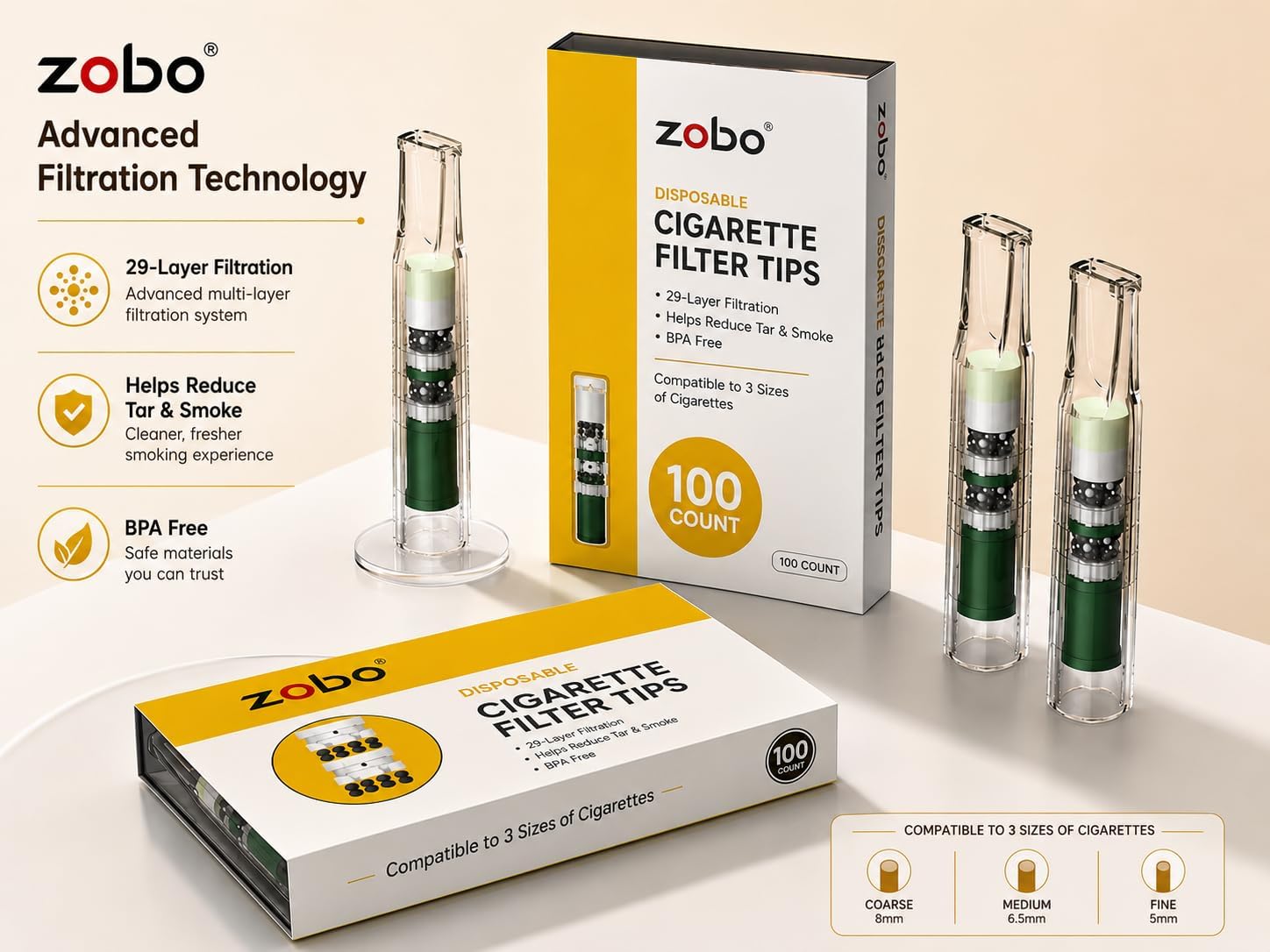 ZOBO 29 Layers Multi Split Filtering Disposable Cigarette Filters, Reduce Tar and Smoke Stains (100 Per Pack) Stylish Design, Suitable for Coarse, Medium, Fine Cigarettes