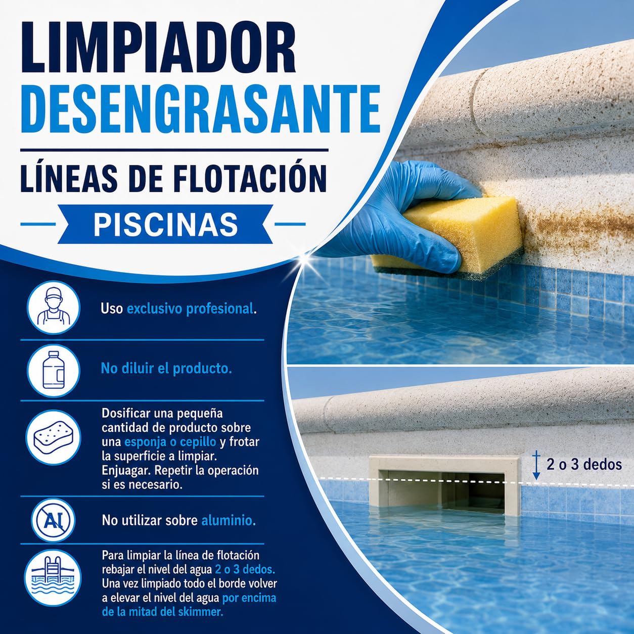 Limpiador DESENGRASANTE LÍNEAS DE FLOTACIÓN Piscinas NETLINE Potente Limpiador alcalino Especial para líneas de flotación de Piscinas. Elimina eficazmente cremas y Manchas metálicas - Formato 5L