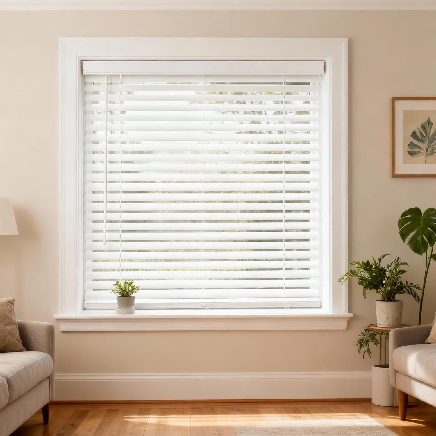 Blackout Faux Wood Blinds for Indoor Windows 2 inch Wooden Shades Cordless Window Blinds for Home.White,88" W x 62" H （223.52cmW x 157.48cmH）