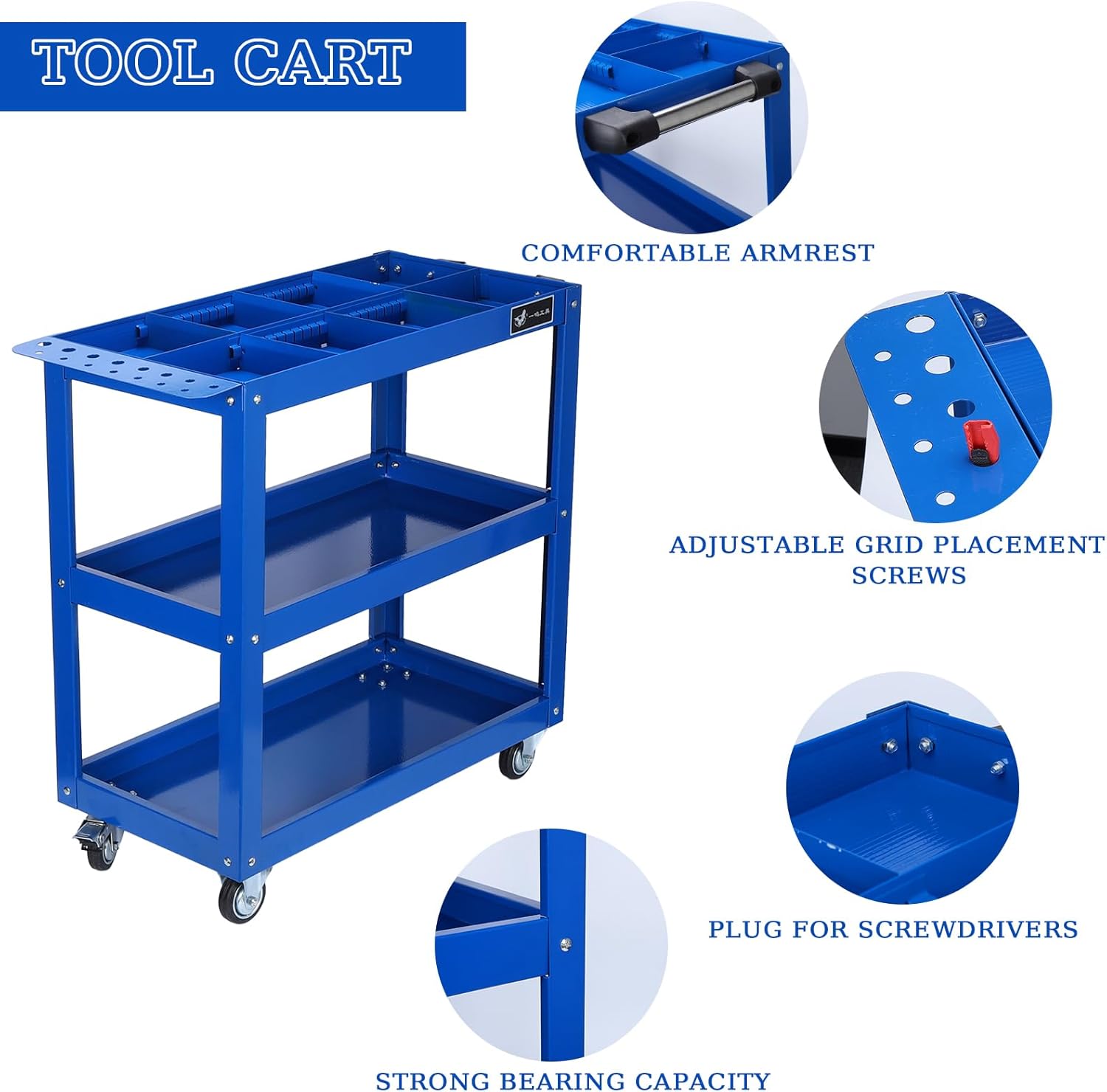 3 Tier Large Capacity Tool Cart, 330 lbs Tool Trolley with Adjustable Dividers, Lockable Wheels & Handle for Garden Warehouse Garage Workshops Blue One Size