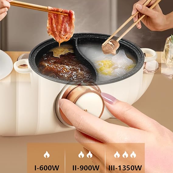 1350W Electric Hot Pot with Divider, Electric Multi-Cookers with Tempered Glass Lid, Electric Shabu Hot Pot for For Family Gatherings Or Dinner Parties(with 3 Speeds Adjustable),red