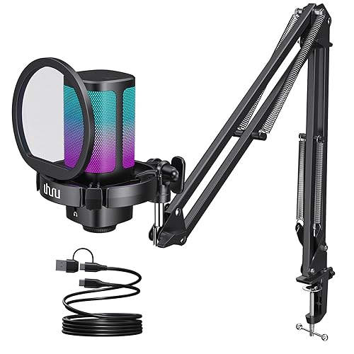 UHURU Gaming USB Microphone for PC, Computer Mic with Controllable RGB for PS4/5 Gamers, Podcast Mic with Boom Arm, Noise Cancellation, Mute Button, Gain Knob for Streaming Discord Twitch-UM2S - Black