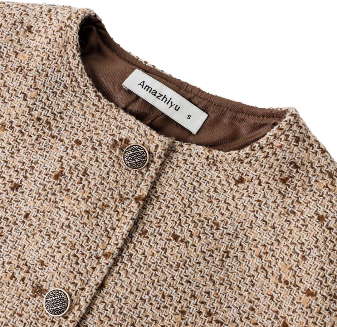 Amazhiyu Women's Wool Cropped Tweed Jacket Blazer Button-up Slim Fit with Pockets - Image 5