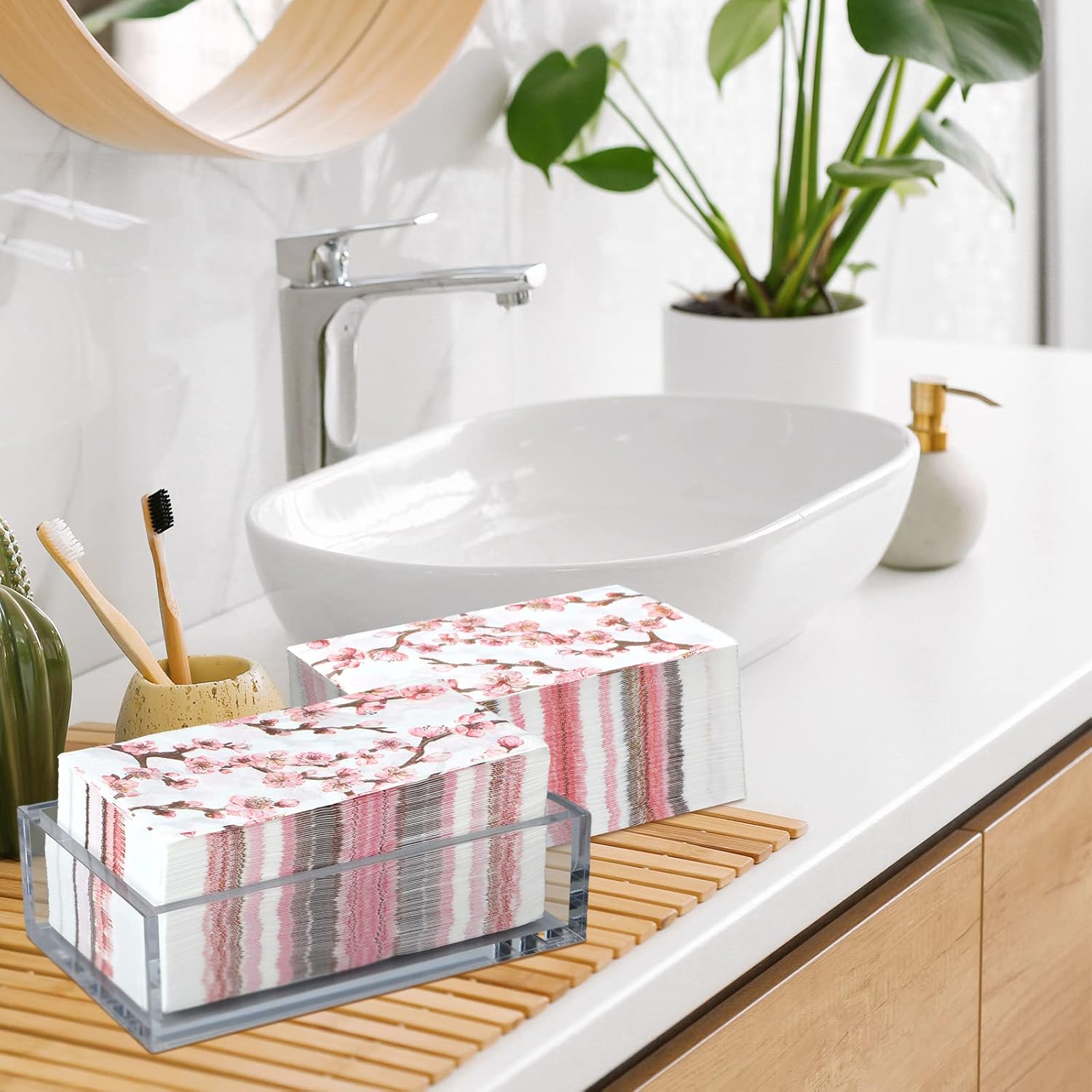 Estune 200 Pcs Guest Napkins 2 Ply Disposable Paper Flowers Dinner Hand Napkin for Bathroom Powder Room Wedding Holiday Birthday Bridal Shower Party Towels(Cherry Blossoms)