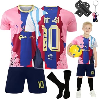 Kids Football kit,#7#10 Commemorative Edition Soccer Jerseys Football Kits for Kids Boys Girls,Training Shirts Shorts Socks Guard Plate Keychain, Gifts for Children